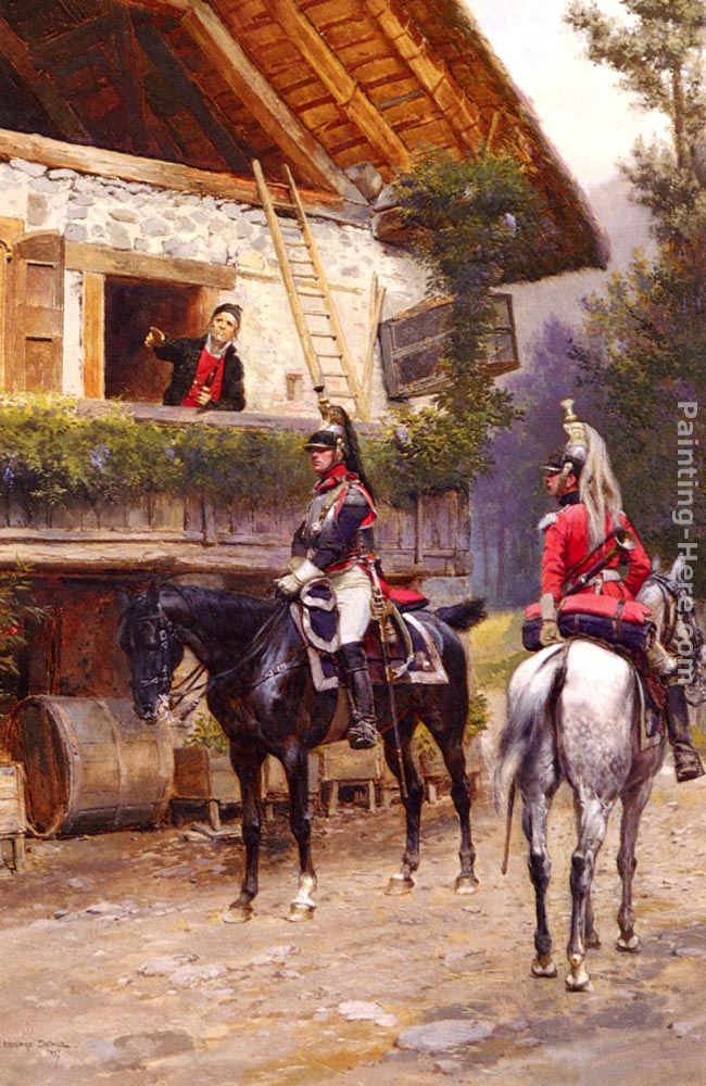 Officers from a Cuirassier Regiment in front of a Country House painting - Jean Baptiste Edouard Detaille Officers from a Cuirassier Regiment in front of a Country House art painting